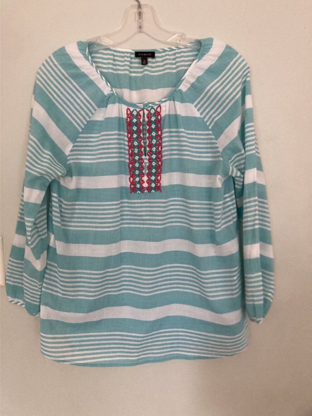 Striped Cotton Tunic With Beaded Accent By Talbots Size M Aqua & White Coastal